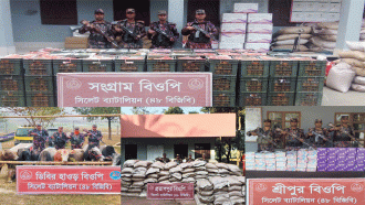 সিলেট সীমান্তে বিপুল পরিমাণ চোরাই পণ্য আটক করলো বিজিবি