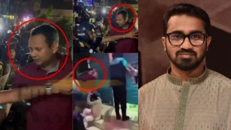 লাল রঙের পোশাক পরিহিত সেই ব্যক্তির পরিচয় জানালেন রাশেদ খাঁন